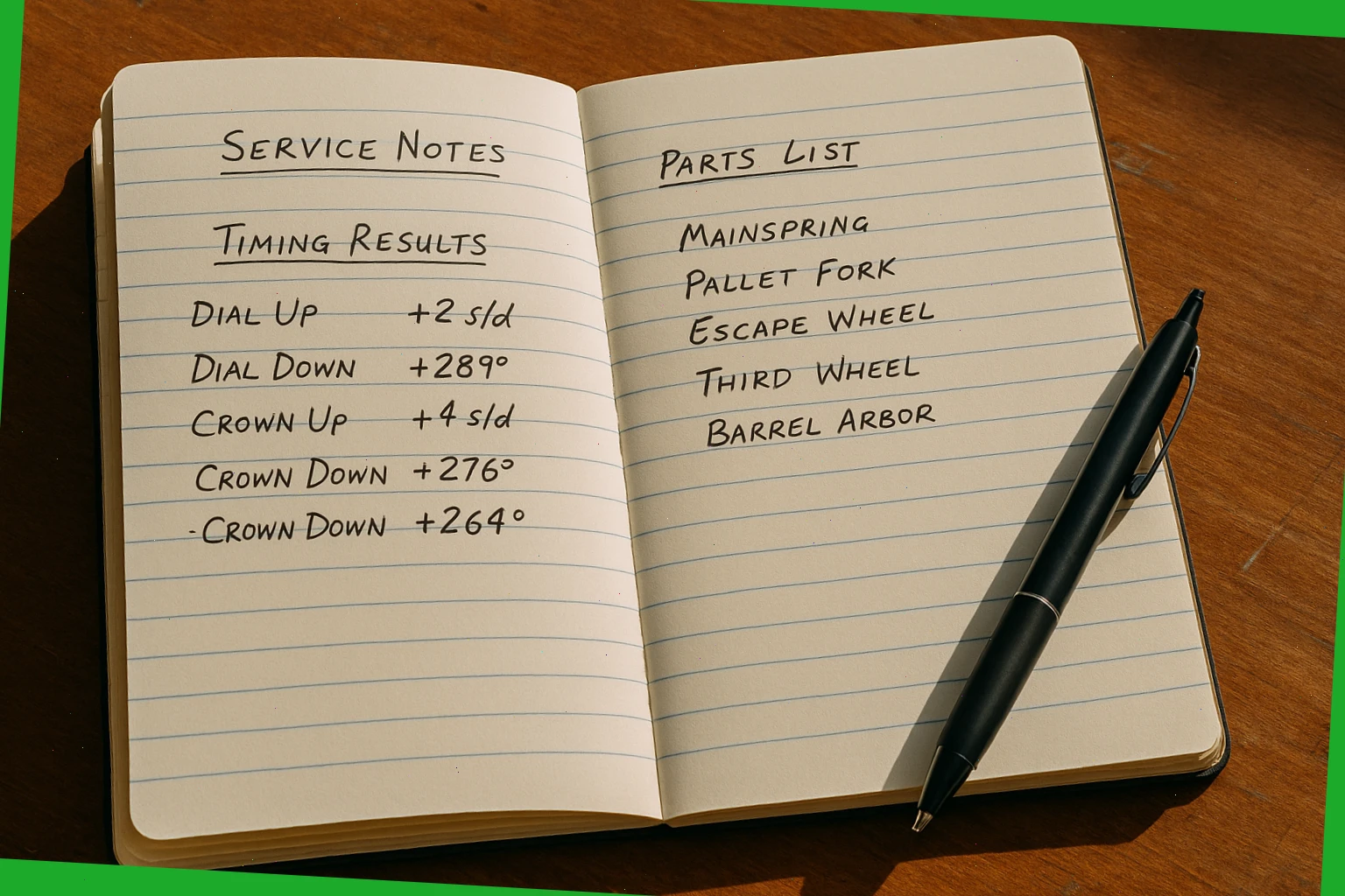 Service notebook with timing results and parts list for a routine overhaul