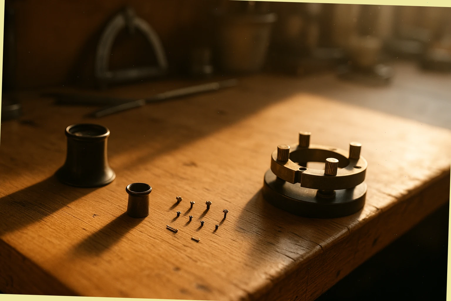 Watchmaker’s bench in morning light with loupe, case holder and small screws arranged neatly