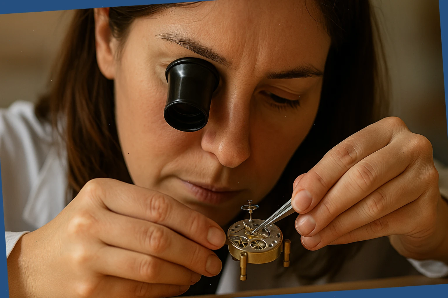 Watchmaker holding a movement holder while inspecting a balance assembly