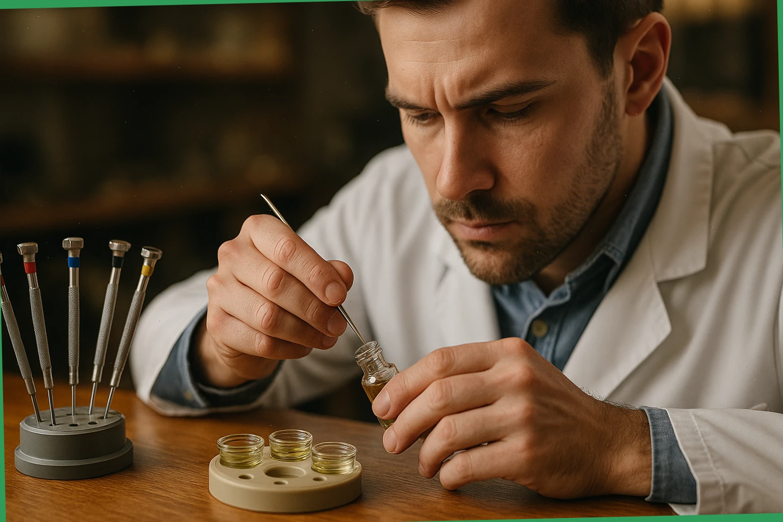 Bench specialist preparing oils beside a set of screwdrivers
